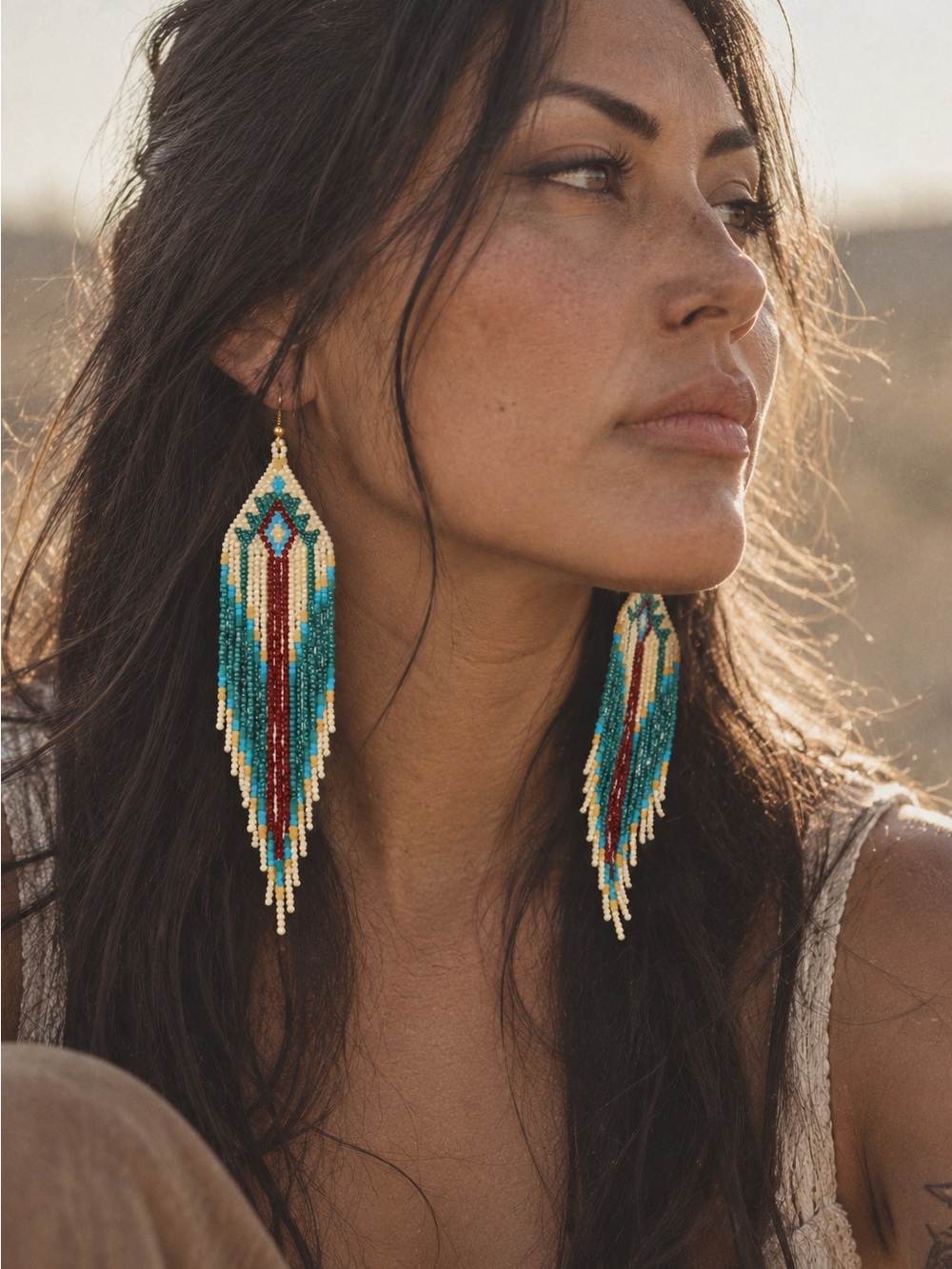 Boho Tribal Seed Beaded Fringe Drop Earrings in Cream, Green, Turquoise & Red